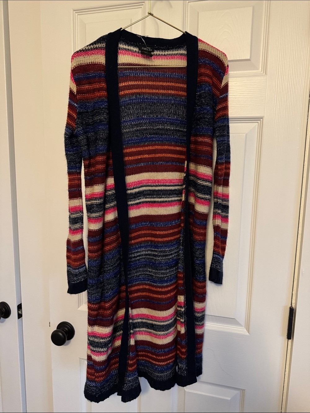 Rue21 Striped Multicolor Open Cardigan with Navy Trim - Picture 3 of 7